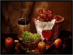 Jabłko, Butelka, Koszyk, Wino, Winogron